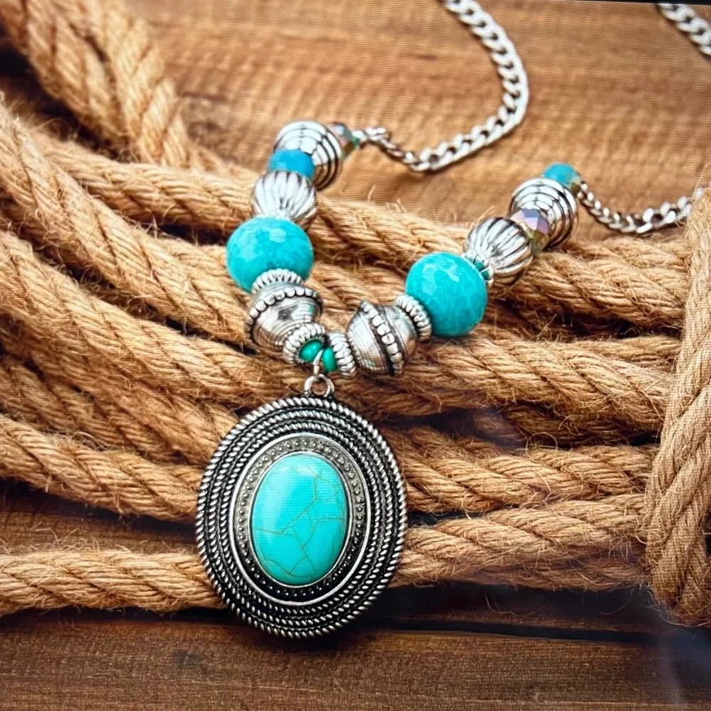 Turquoise Pendant Statement Necklace - Women Jewelry - Picture 4 of 4